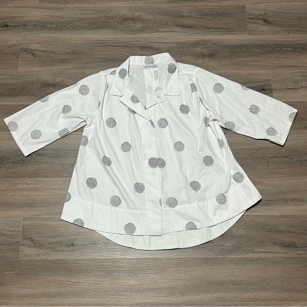 Snapdragon & Twig Small Tunic Top Button Up White Black Lagenlook Boxy Abstract